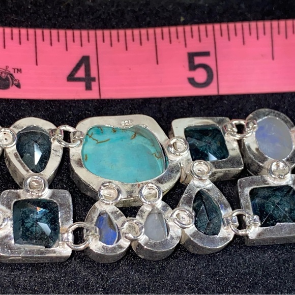 Gorgeous Tibetan Turquoise + Moonstone + Blue Topaz statement cuff bracelet - Picture 9 of 14